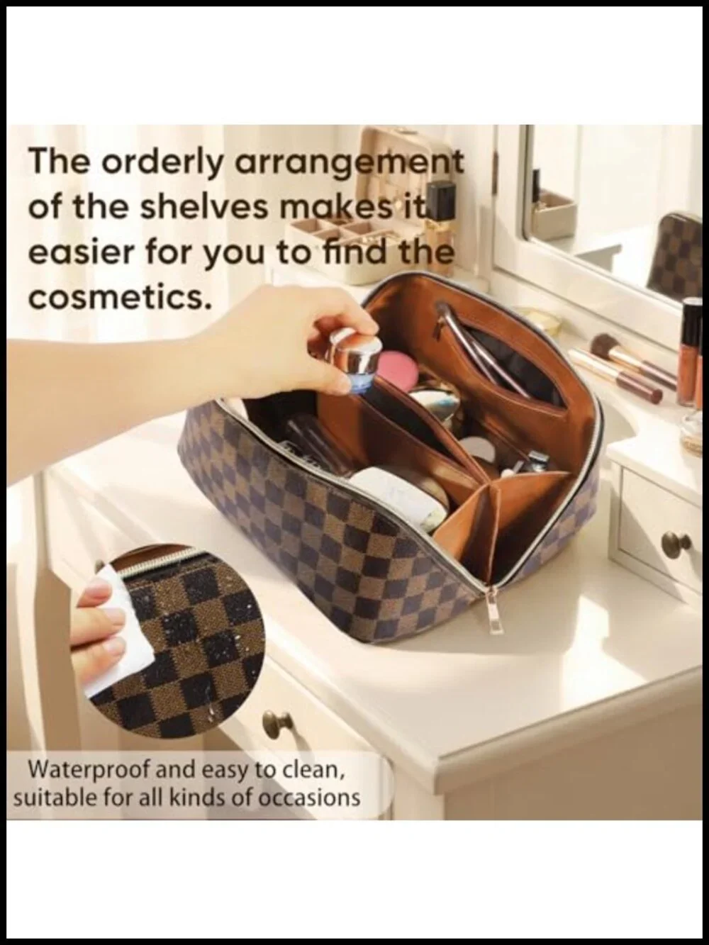 BAYANKALA Leather Travel Makeup Bag Waterproof Cosmetic Organizer with Handle